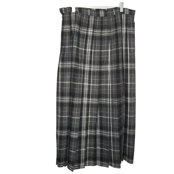 Vintage Herman Geist Pleated Plaid Maxi Skirt 14 Gray Black Preppy Academia - Picture 3 of 5